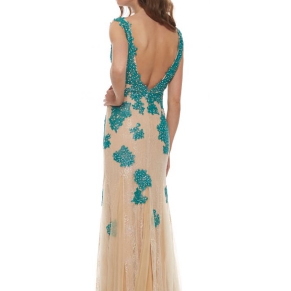 JOVANI Tan & Teal Lace Overlay Gown Size 4 #90164 - Picture 11 of 14